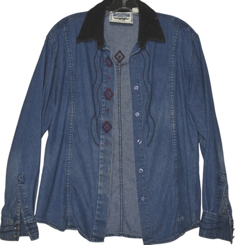 Wrangler Denim Shirt Western Embroidered Long Sleeve Button Up Top Size - Picture 1 of 5